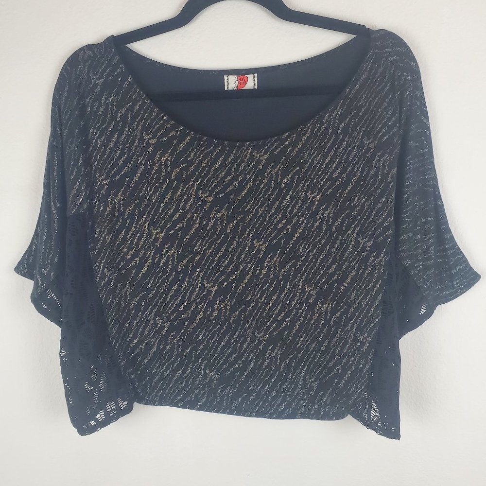 Free People crop knit lace animal print metallic black top S boho y2k